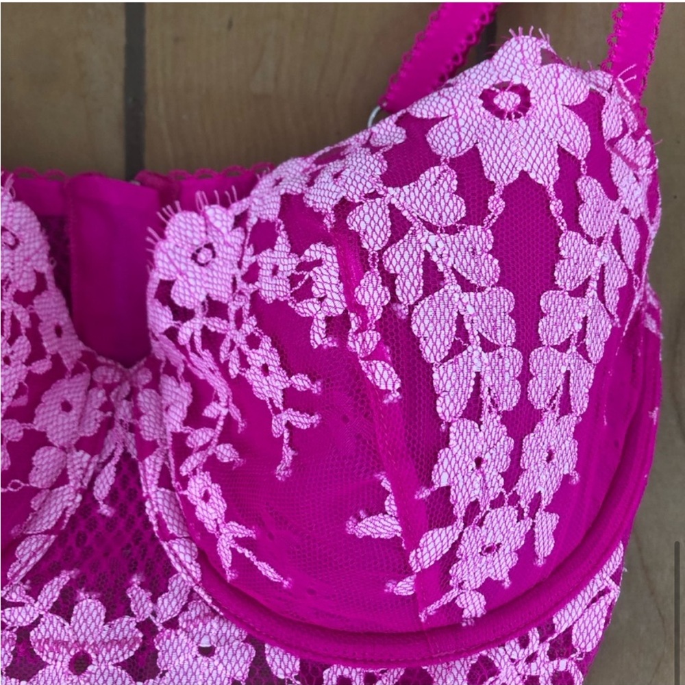 VICTORIA’S SECRET Dream Angels Eyelash Bra Floral Lace Long Line Demi Pink 36D - Picture 8 of 15